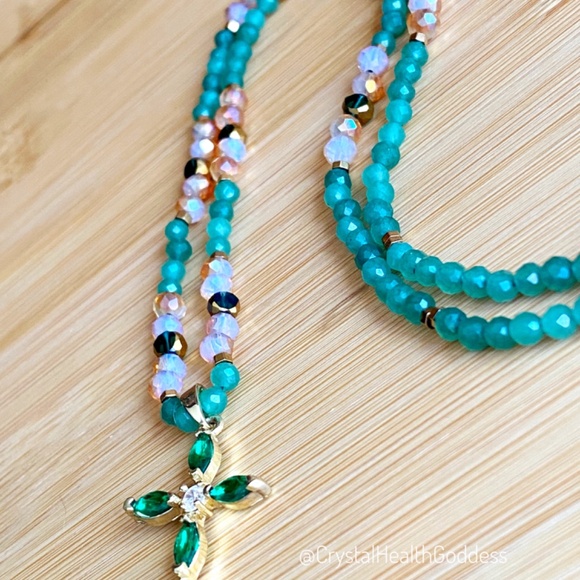Aventurine with Austrian Crystals Christian Cross Necklace - Picture 13 of 13